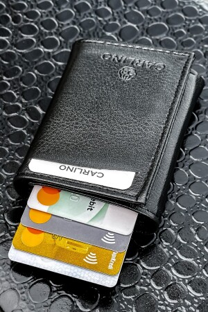 Unisex-Geldbörse mit Kartenetui aus schwarzem Leder mit Mechanismus und automatischem Schieber KRTLK01 - 3