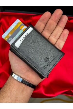 Unisex-Geldbörse mit Kartenetui aus schwarzem Leder mit Mechanismus und automatischem Schieber KRTLK01 - 4