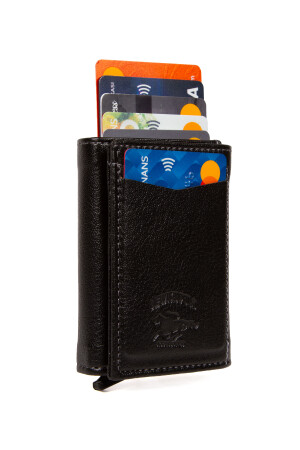 Unisex-Geldbörse mit Kartenhalter aus Leder und Aluminiummechanismus. Schwarzer automatischer Kartenhalter – Aluminiumgeschützt 59822211 - 2