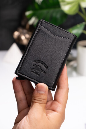 Unisex-Geldbörse mit Kartenhalter aus Leder und Aluminiummechanismus. Schwarzer automatischer Kartenhalter – Aluminiumgeschützt 59822211 - 3