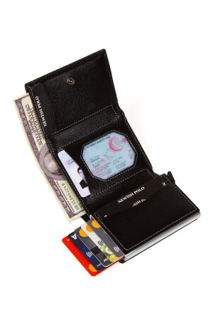 Unisex-Geldbörse mit Kartenhalter aus Leder und Aluminiummechanismus. Schwarzer automatischer Kartenhalter – Aluminiumgeschützt 59822211 - 5
