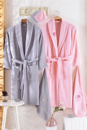 Unisex Gri Güvenal Pamuxu 8 Parça Aile Bornoz Seti - Güvenal