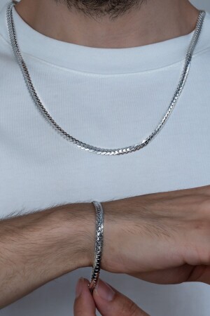 Unisex-Halsketten- und Armbandset aus zerkleinertem flachem Schlangenstahl aus Silber, Set Eck36s MDL-ECK36S - 3