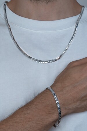 Unisex-Halsketten- und Armbandset aus zerkleinertem flachem Schlangenstahl aus Silber, Set Eck36s MDL-ECK36S - 4