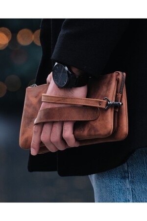 Unisex-Handtasche aus 100 % Leder – Geschenk für Männer und Frauen – Tasche aus echtem Kalbsleder – Braun/Hellbraun - 2