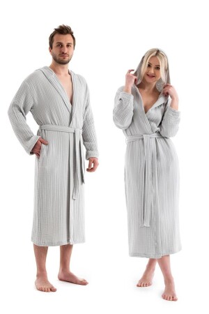 Unisex Kapşonlu 4 Kat Müslin Bornoz - Gri - Denizli Concept