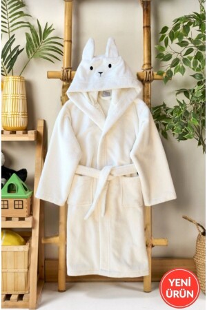 Unisex-Bademantel aus weicher Baumwolle mit Kapuze für Mädchen und Jungen, Ecru/Kaninchen - Pamuk Hanim