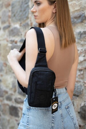 Unisex-Mini-Schulter- und Hüfttasche aus schwarzem Crinkle-Stoff mit Handyfach und GADER für den täglichen Gebrauch - 1