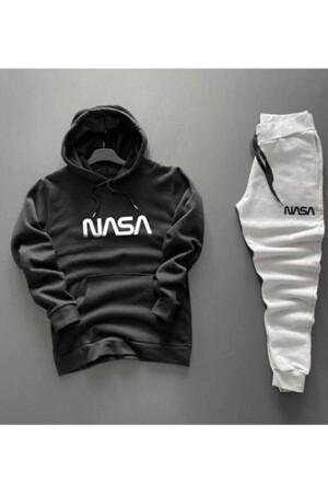 Unisex Nasa Written Schwarzer Kapuzen-Grau-Trainingsanzug-Set TYC00555374023 - 1