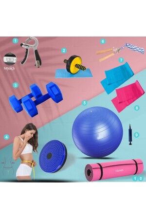 Unisex Pilates Yoga und Fitness Set 10-teilig Gold Home Package Hantel-Matte-Platten Ball-Hand Federseil-Gummi - 1