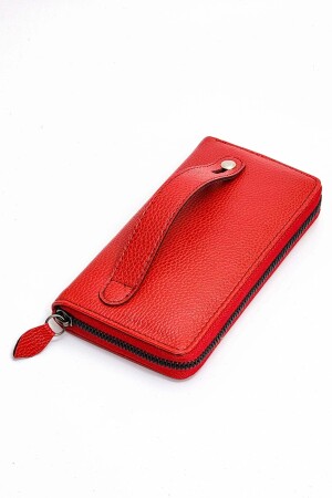 Unisex-Portfolio-Kartenhalter aus Leder, langes Portemonnaie mit Telefonfach und Schnappschnur, Rot - 5