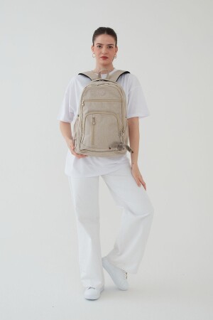 Unisex-Reiserucksack aus Crinkle-Stoff, wasserdicht, groß, mit mehreren Augen, Beige, Schultasche - Rosso Collina