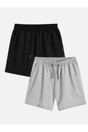 Unisex Schwarz-Graue 2-teilige Basic-Shorts aus gekämmter Baumwolle BasicSortDuz-1 - 1