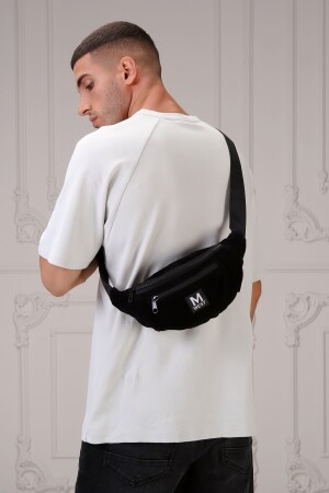Unisex-Tasche aus schwarzem Wildleder mit 3 Fächern und überkreuzter Taille und Umhängetasche MW082 - 3