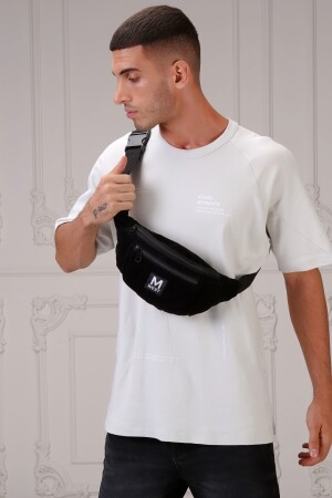 Unisex-Tasche aus schwarzem Wildleder mit 3 Fächern und überkreuzter Taille und Umhängetasche MW082 - 2