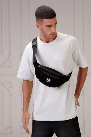 Unisex-Tasche aus schwarzem Wildleder mit 3 Fächern und überkreuzter Taille und Umhängetasche MW082 - 3