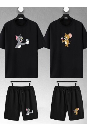 Unisex Tom und Jerry bedruckte Liebhaberpaar-Kombination aus übergroßem T-Shirt und Shorts - 1