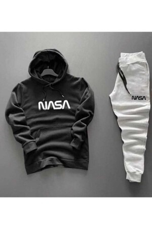 Unisex-Trainingsanzug-Set „Nasa Written“ in Schwarz mit Kapuze und Grau - 1