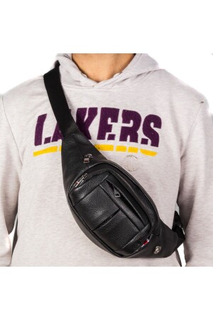 Unisex wasserabweisende vegane Leder-Schulter- und Hüfttasche in Schwarz mit Kopfhöreranschluss abdulbags-814 - 1