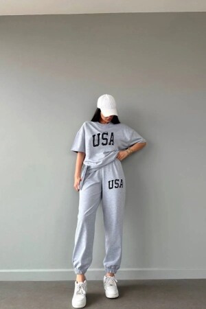 Usa T-shirt Eşofman Altı Jogger- Gri Baskılı Alt Üst Eşofman Takım Oversize Bisiklet Yaka - 1