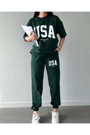 Usa T-shirt Eşofman Altı Jogger- Yeşil Baskılı Alt Üst Eşofman Takım Oversize Bisiklet Yaka - 1