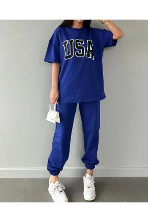 USA-T-Shirt-Jogginghose-Jogger – blau bedrucktes Bottom-Top-Trainingsanzug-Set mit übergroßem Rundhalsausschnitt - 1