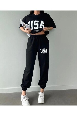 USA T-Shirt Jogginghose Jogger – Schwarz bedrucktes Bottom-Top-Trainingsanzug-Set mit übergroßem Rundhalsausschnitt - 1