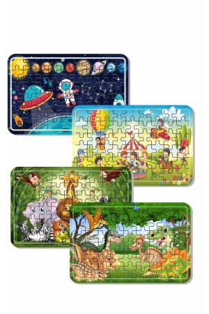 Uzay, Sevimli Dinazorlar, Oyun Zamanı, Sevimli Hayvanlar 54 Parça 4 Adet Ahşap Puzzle Set A41949 - 1