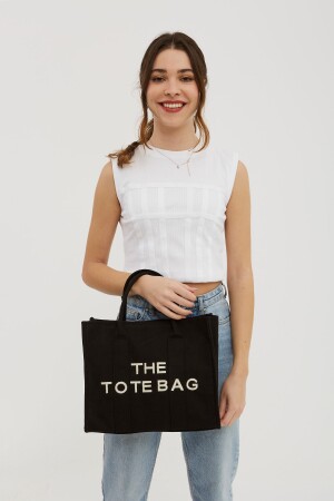 Uzun Askılı Kanvas Kumaş Tote Bag Kadın Çapraz Çanta Siyah Totebag - 5