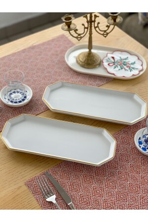 Uzun Dikdörtgen Servis Tabağı- Sunum Tabağı 2 Adet Gold Kenarlı - Fbe Home