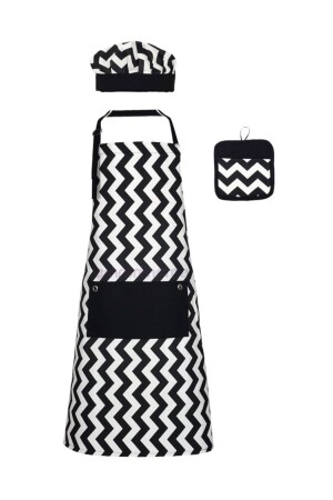 Uzun Mutfak Önlüğü Bone, Ve Tutaç - Leke Tutmaz Ve Su Itici Zigzag Siyah Beyaz Önlük Seti UOSZGZGK - Emrem Home