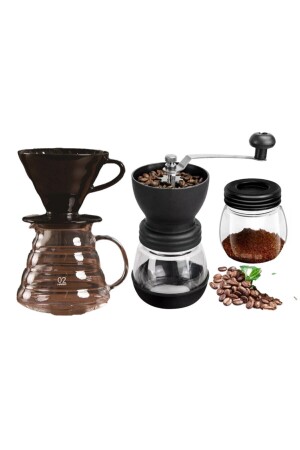 V60 Dripper Cam Sürahi Değirmen Set GcV603'setSiyahFk - 2