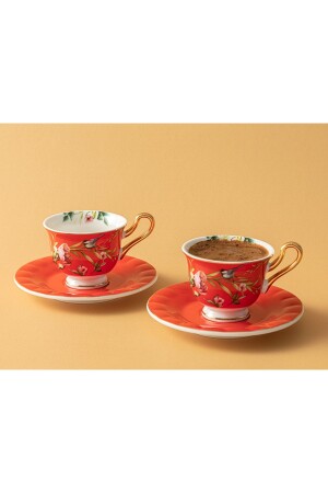 Vanille-Porzellan-Set mit 2 Kaffeetassen 90 ml rot 10034322 - 2