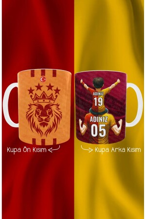 Vater-Sohn-Kind-Tasse, Kaffeetasse, personalisierbar, gelb-roter Jersey mit Namen und Nummer - 2