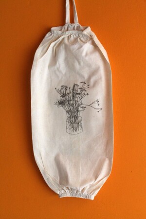 Vazo Çiçek Baskılı Çift Lastikli Naturel Keten Poşetlik - Mutfak Düzenleyici - Emtory Home