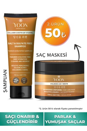 Vegan Tuzsuz Şampuan & Saç Bakım Maskesi 250ml- Hyaluronik Asit- Keratin- Kolajen ve Biotin 2'li Set - Yoon