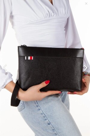 Veganes Leder, schwarzes Leder, wasserdichte Reise-Portfolio-Clutch, Unisex-Handtasche mit Handschlaufe (28 x 18 cm) - Newish Polo Accessories