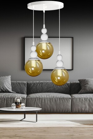 Venus 3-teilige Pendelleuchte, Modell Weiß/Honig – Echtes Honigglas – Wohnzimmer – Wohnzimmer – Schlafzimmer. Moderner Kronleuchter VN3 - VEDA AVİZE