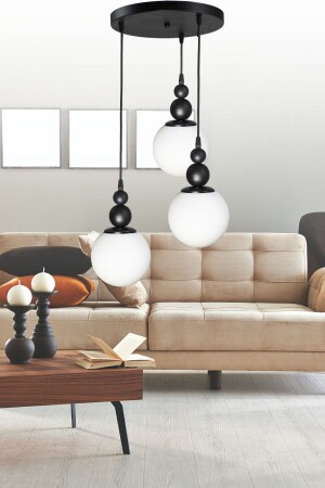 MNZ-Venus 3-piece Pendant Lamp Model أسود/ أبيض - زجاج حقيقي - غرفة المعيشة - القاعة - غرفة النوم الشنابل الحديثة VN3 - VEDA AVİZE