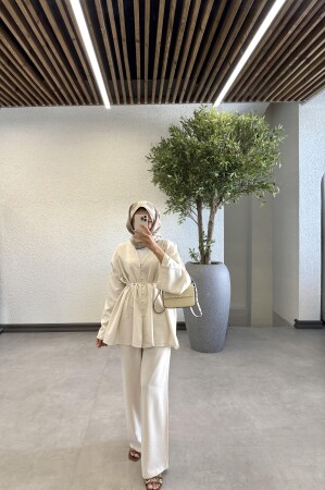 Venüs Düğmeli Keten Takım - Ekru - Duendeca