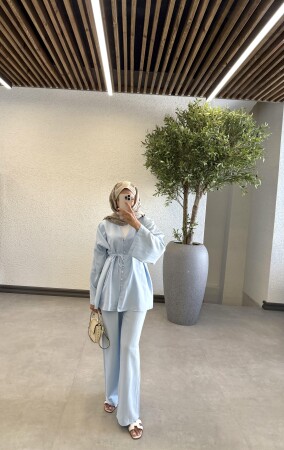 Venüs Düğmeli Keten Takım - Mavi - Duendeca