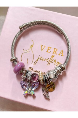 Vera Jewellery Çelik Mor Kristal Kelebek Charmlı Bileklik - 2