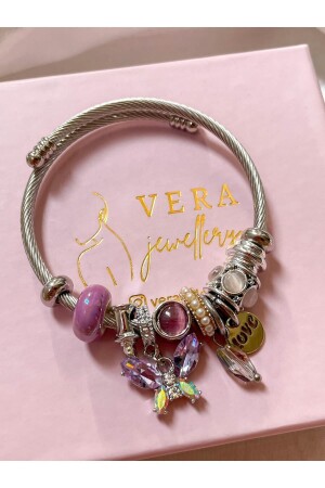 Vera Jewellery Çelik Mor Kristal Kelebek Charmlı Bileklik - 2