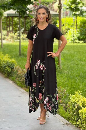 Verev Kesim Gül Desenli Elbise - 1