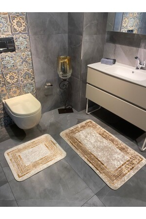 Versace Desenli 2'li Kaymaz Taban Banyo Paspas Takımı (60x100 - 60x50) Bej-altın BYD-CLORISAPASPAS - 3