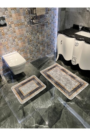 Versace Desenli 2'li Kaymaz Taban Banyo Paspas Takımı (60x100 - 60x50) Gri BYD-CLORISAPASPAS - 1