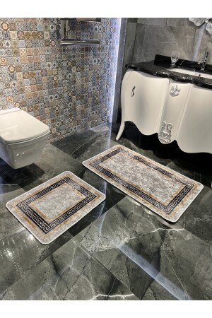 Versace Desenli 2'li Kaymaz Taban Banyo Paspas Takımı (60x100 - 60x50) Gri BYD-CLORISAPASPAS - 4