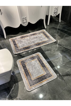 Versace Desenli 2'li Kaymaz Taban Banyo Paspas Takımı (60x100 - 60x50) Gri BYD-CLORISAPASPAS - 5