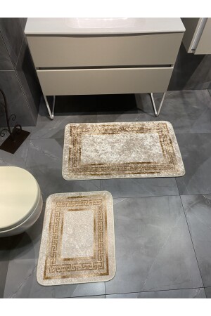 Versace gemustertes 2-teiliges rutschfestes Badezimmermatten-Set (60x100 - 60x50) Beige-Gold BYD-CLORISAMAT - 5