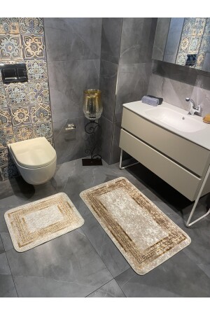 Versace gemustertes 2-teiliges rutschfestes Badezimmermatten-Set (60x100 - 60x50) Beige-Gold BYD-CLORISAMAT - 6